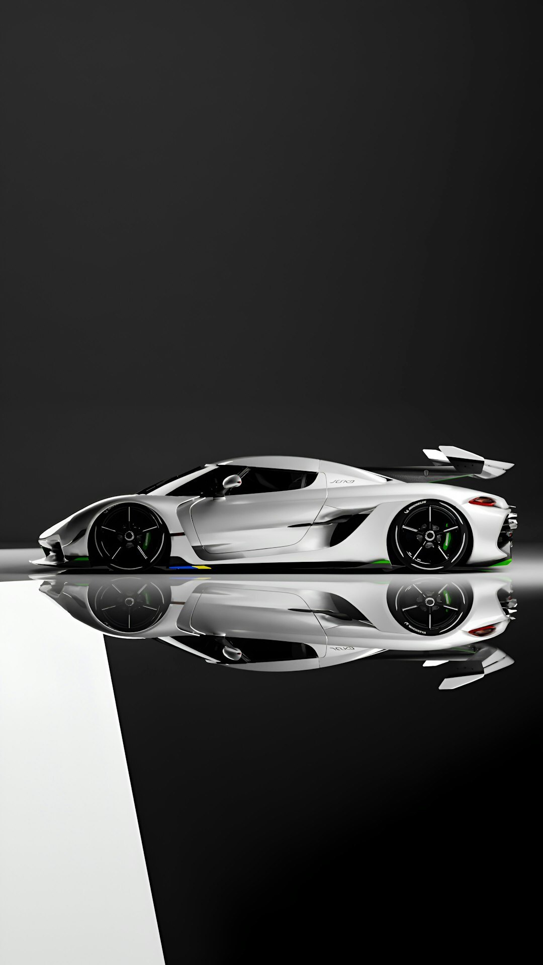 Side profile of a sleek hypercar in a minimalist white gallery space