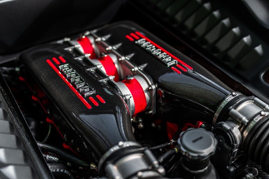 Close-up detail of a V12 engine bay of a luxury supercar